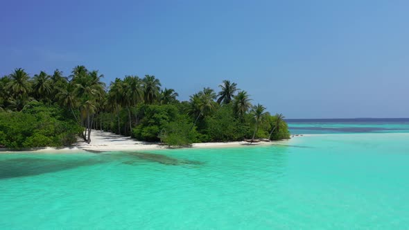 Aerial drone landscape of relaxing resort beach time by turquoise water and white sand background of