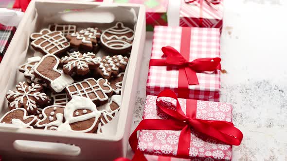 Delicious Fresh Christmas Decorated Gingerbread Cookies Placed in Wooden Crate