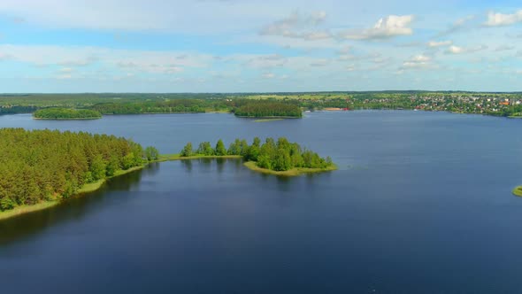 aerial drone view of lake in Zarasai, Lithuania. Holiday in Lithuania concept. Zarasai lake with dee