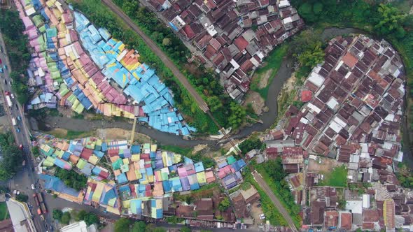 Scenic aerial top view of colorful houses of Jodipan village, Java, Indonesia