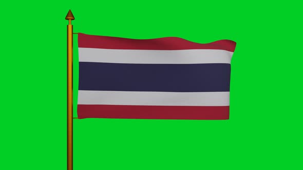 National flag of Thailand waving with flagpole on chroma key, Kingdom of Thailand flag textile