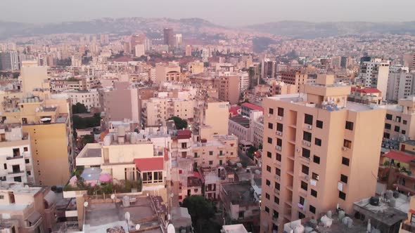 A drone shot of Beirut during sunset time