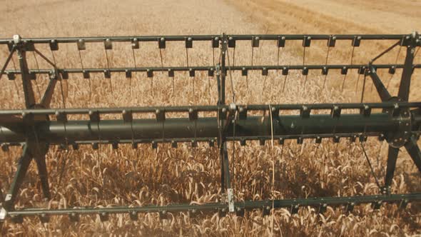 Closeup Of A Steel Cutter Bar Of Combine Harvester Moving In The Wheat Field