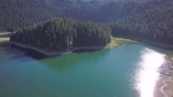 Fly over forest island in the middle of the lake. Green, clean water on a sunny, bright day.