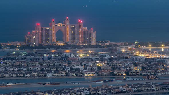 Night to Day Timelapse View on Luxury Higlighted Hotel on Palm Jumeirah in Dubai UAE