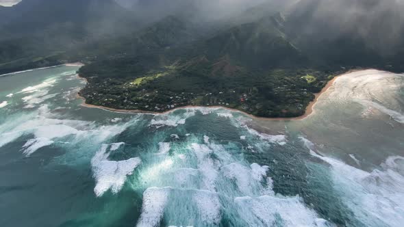 Haena State Park. Breathtaking Aerial Shot of the Beautiful Hawaiian Coastline in Overcast Weather