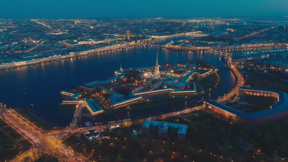 Drone Flies Up Fast to the Peter and Paul Cathedral and Fortress at Evening the Sights of St