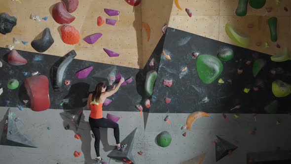 Wellness Female Climber Training on a Climbing Wall Young Woman Practicing Rockclimbing Mountaineer