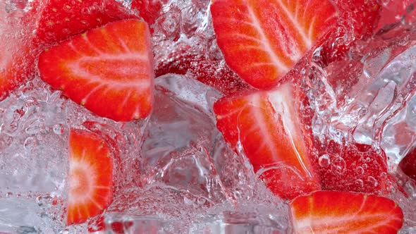 Super Slow Motion Shot of Pouring Water on Strawberries and Ice Cubes in Glass at 1000 Fps