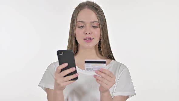 Online Payment on Smartphone By Young Woman, White Background