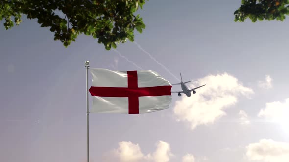 England Flag With Airplane And City -3D rendering