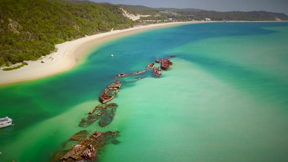 Aerial view of Moreton island shipwrecks in Australia.