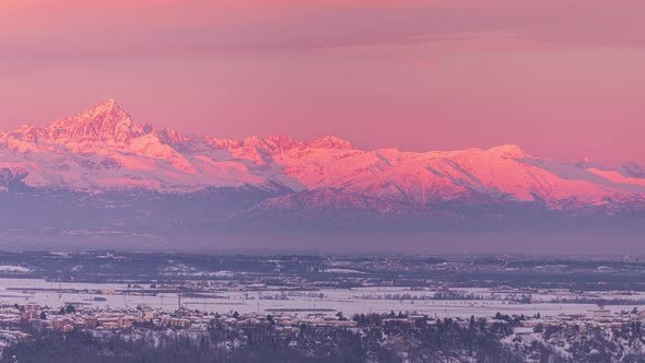 Pan: sunrise landscape of high altitude snow capped mountain range