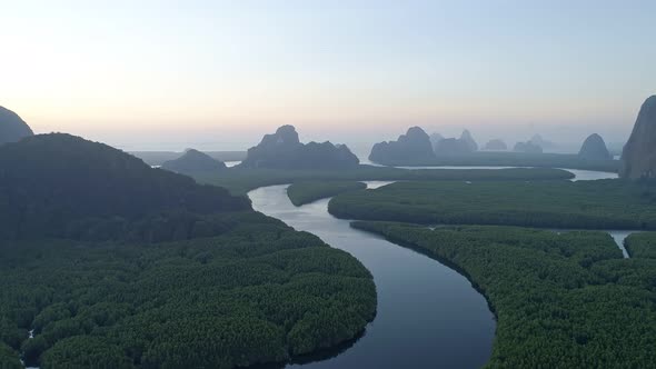 Aerial view drone shot of beautiful natural scenery river in mangrove forest in phang nga province