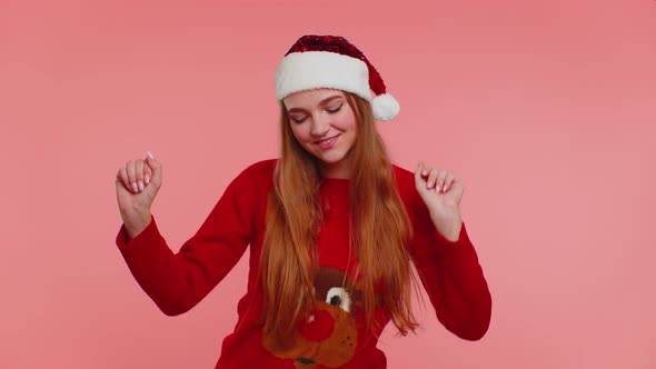 Adult Happy Cute Girl in Christmas Sweater Listening Music Dancing Disco Fooling Around Having Fun