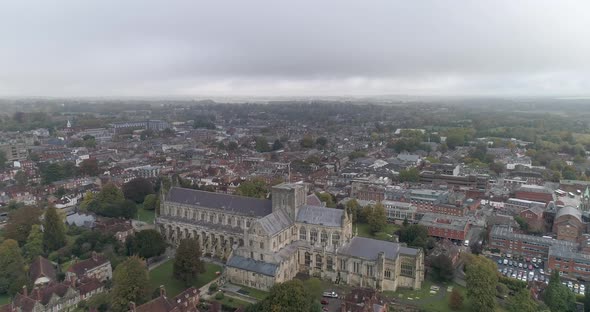 Aerial push in over Winchester Cathedral