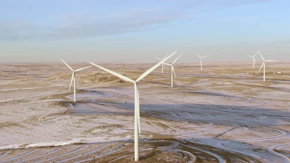 Aerial shots of wind turbines on a cold winter afternoon in Calhan, Colorado