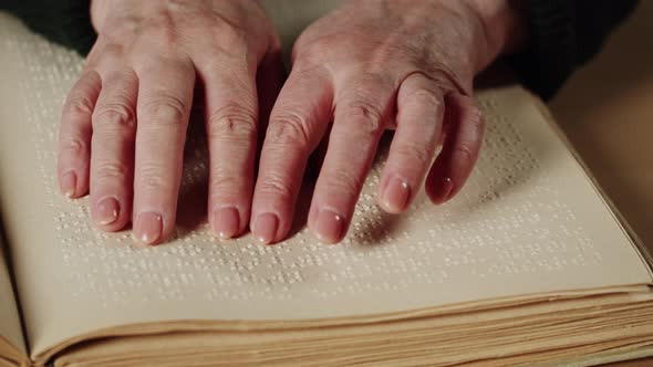 Blind Woman Reading Braille Book Using Fingers Closeup Poorly Seeing Female Person Learning to Read