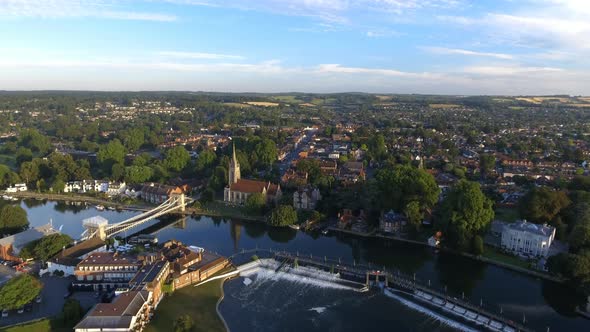 Aerial Reveal of the Town of Marlow in the UK at Sunrise