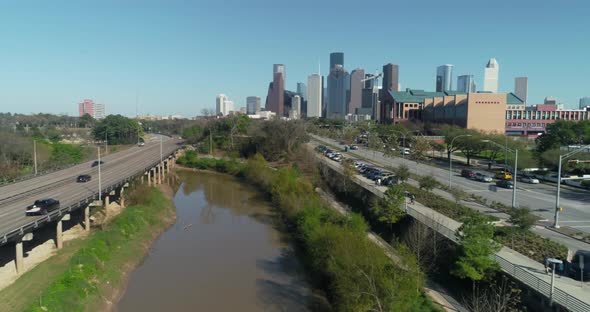 This video is about an aerial of downtown Houston area filmed from the Houston bayou. This video was