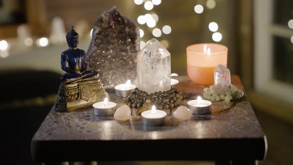 Crystal Altar with Buddha Statue Wide Tracking Shot 50P