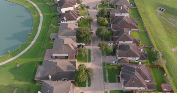 Aerial of middle class suburban neighborhood just outside of Houston, Texas