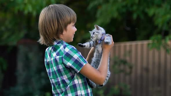 Little Boy Tightly Hugging Cute Small Kitty, Best Present on Birthday, Happiness