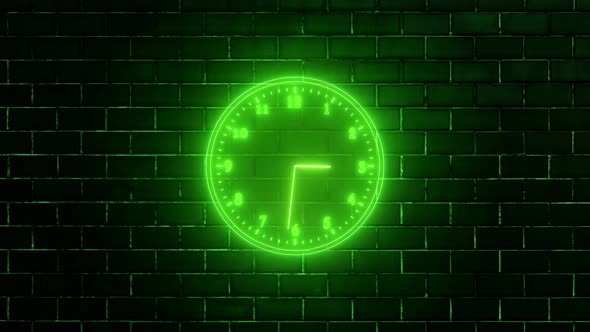Green Neon Clock Isolated Animated On Wall Background
