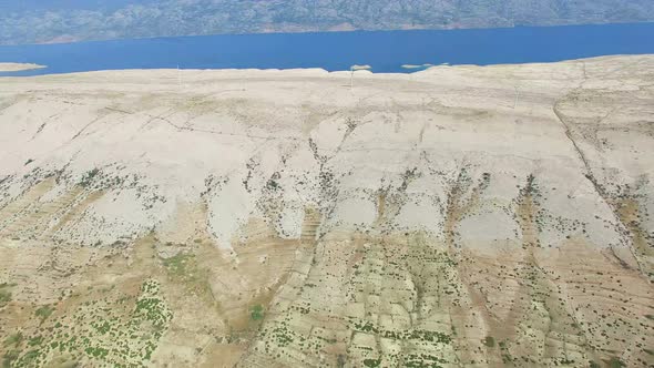 360 view of salt pans surrounded by sea and mountains of Pag island, Croatia