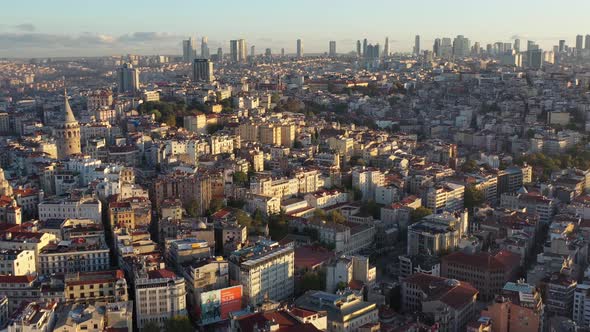 footage of bosphorus in the sunset having galata tower in the middle