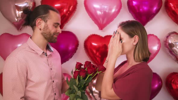 Loving Handsome Young Man Husband Surprising Happy Young Woman Birthday Party