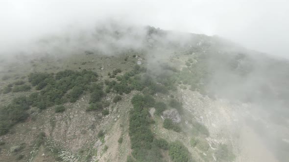 Beautiful flight to top of mountain on foggy slope