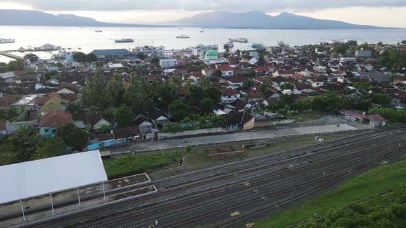 Aerial view of Ferry boat crossing the Ketapang port. From Banyuwangi to Gilimanuk Bali Indonesia.