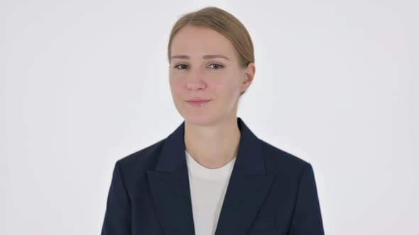 Young Businesswoman Showing No Sign By Shaking Head on White Background