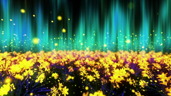 Fantasy Glowing rays garden of flowers with particles flying motion background