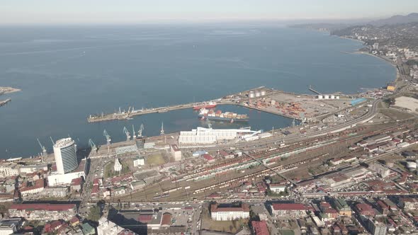 Aerial view of Batumi coastline, Port, harbor and bay. Georgia 2021