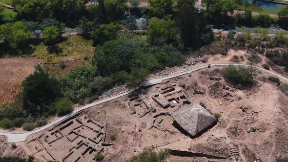 4k daytime drone aerial footage with archaeological site of Kotosh near Huanuco in Peru. Point of in