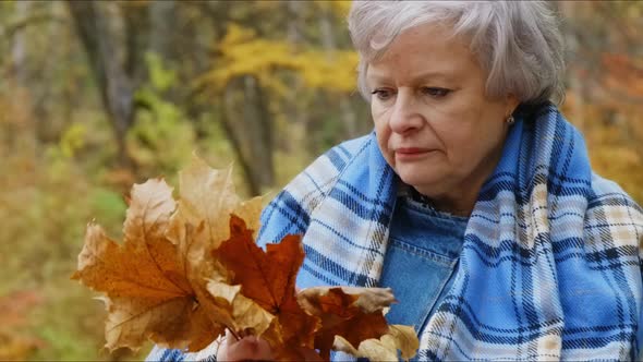 Elderly Woman Walks in the Park in Autumn and Relaxes.