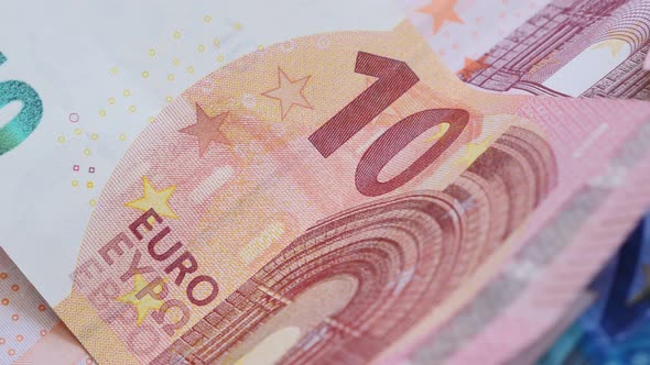 Euro money banknotes in the row 4K 2160p UltraHD slow panning footage - 10 and 20 Euro banknotes on 