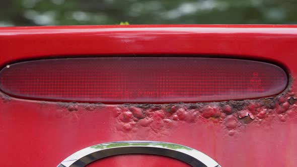 Pan of bubbled-up rust on a red car's tail light