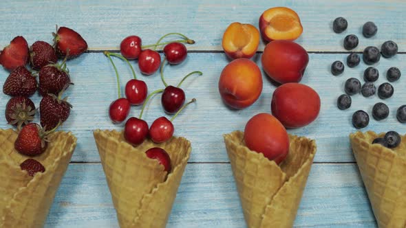 Berry and Fruit Ice Cream, Blueberry, Strawberry, Cherry, Apricot in a Waffle