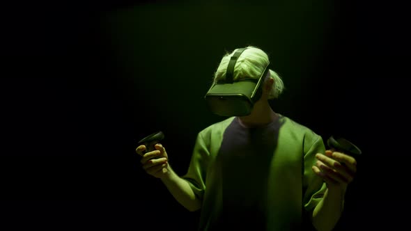 Neon Gamer Immersing Virtual Reality World in Headset