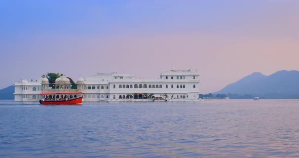 Udaipur Lake Palace Jag Niwas on Island on Lake Pichola with Tourist Boats - Rajput Architecture