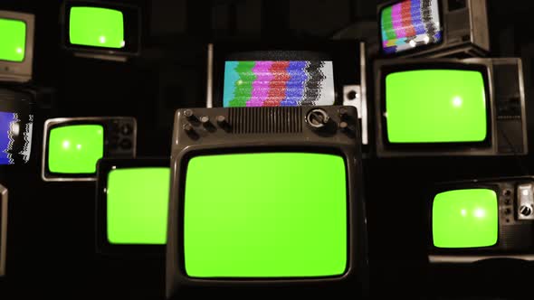 Pile of Retro TVs turning on Green Screens with Color Bars. Sepia Tone.