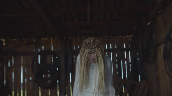 Terrible Dead Ghost Woman Standing in Dark Shed