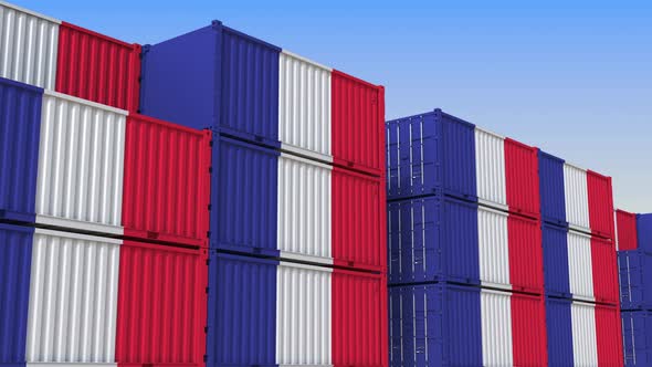 Container Yard Full of Containers with Flag of France