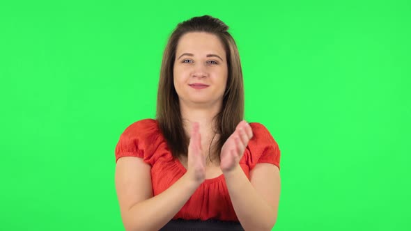 Portrait of Cute Girl Clapping Her Hands with Wow Happy Joy and Delight. Green Screen