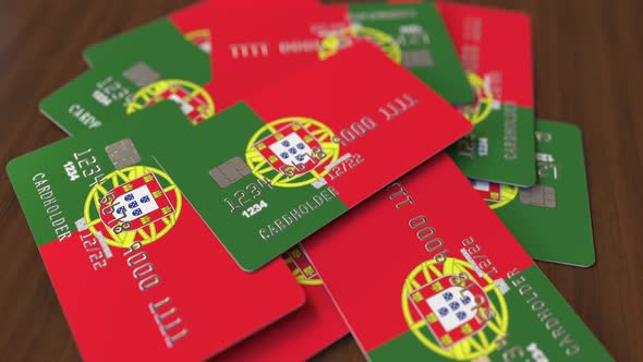 Pile of Credit Cards with Flag of Portugal