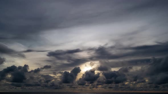 Timelapse Sky and black cloud. Black clouds moving fast in Dramatic sky.Dark raining cloudy over sea