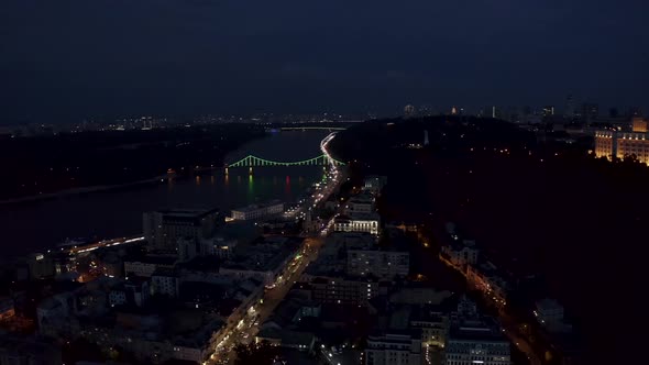 Aerial Dark View of the the City Center of Kyiv Ukraine